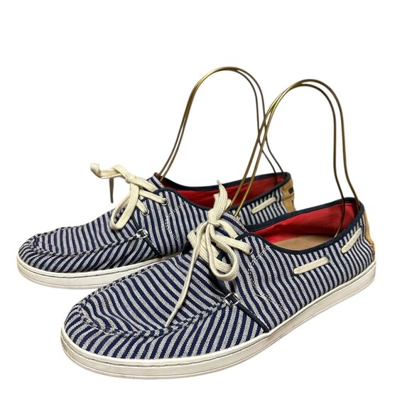 Toms Mens Culver Fabric Boat Shoe Size 9 1/2 Blue Stripe Tie Closed Toe - Picture 2 of 7